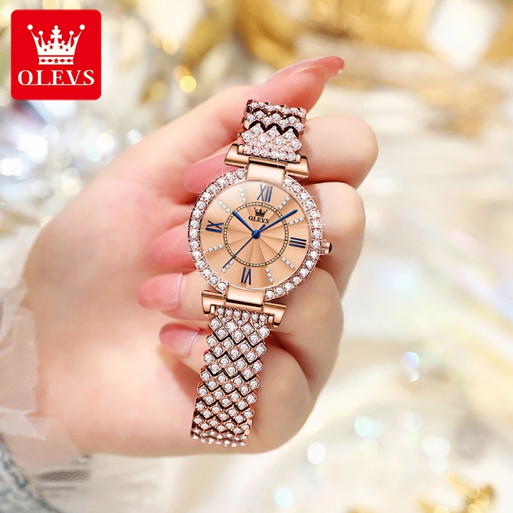 OLEVS Fashion Quartz Watch for Women Luxury Stainless Steel Strap Diamond Inlay Dial Women's Watches Waterproof Wristwatch Reloj