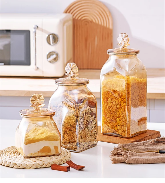 Glass Sealed Jar Amber Flower Lid Food Grade Nut Coffee Bean Bottle  Organizer Tea Cans Large-capacity Kitchen Storage Container