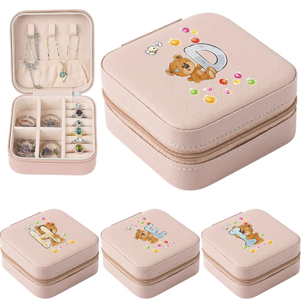 

Travel Jewelry Box Organizer PU Earring Ring Holder Jewelry Display Gift Jewelry Case Necklace Bear Letter Print Storage Box