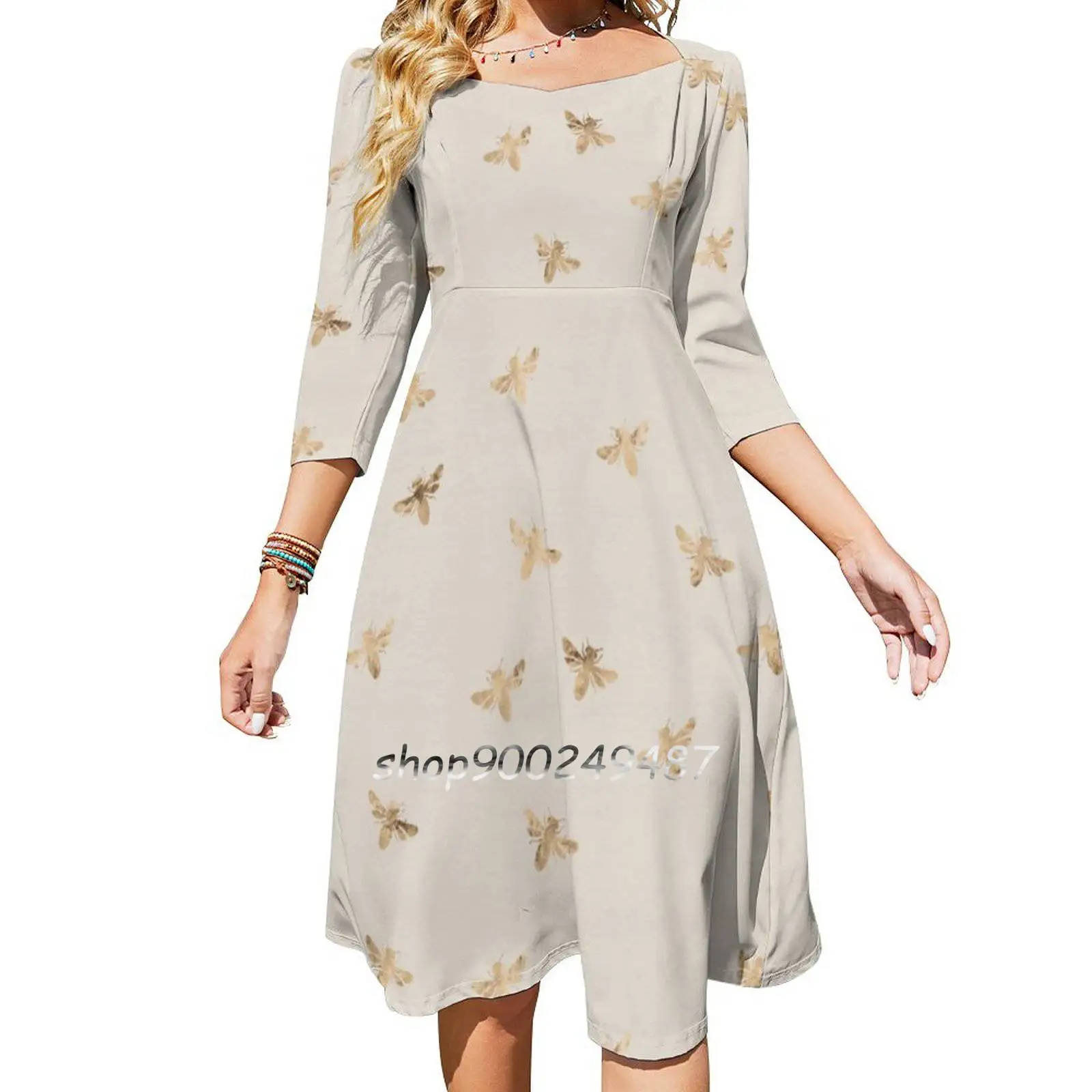 

Gold Bee Texture Cream Square Neck Dress Sweet Summer Dress Women Elegant Halter Print Dress Gold Bee Texture Creamtop Selling