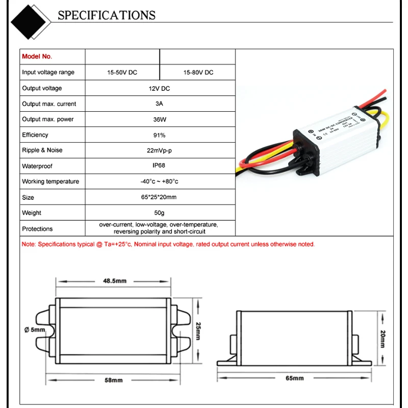 24V 36V 48V 60V 72V to 12V 5A 10A 20A Step-Down DC Converter 60V-12V