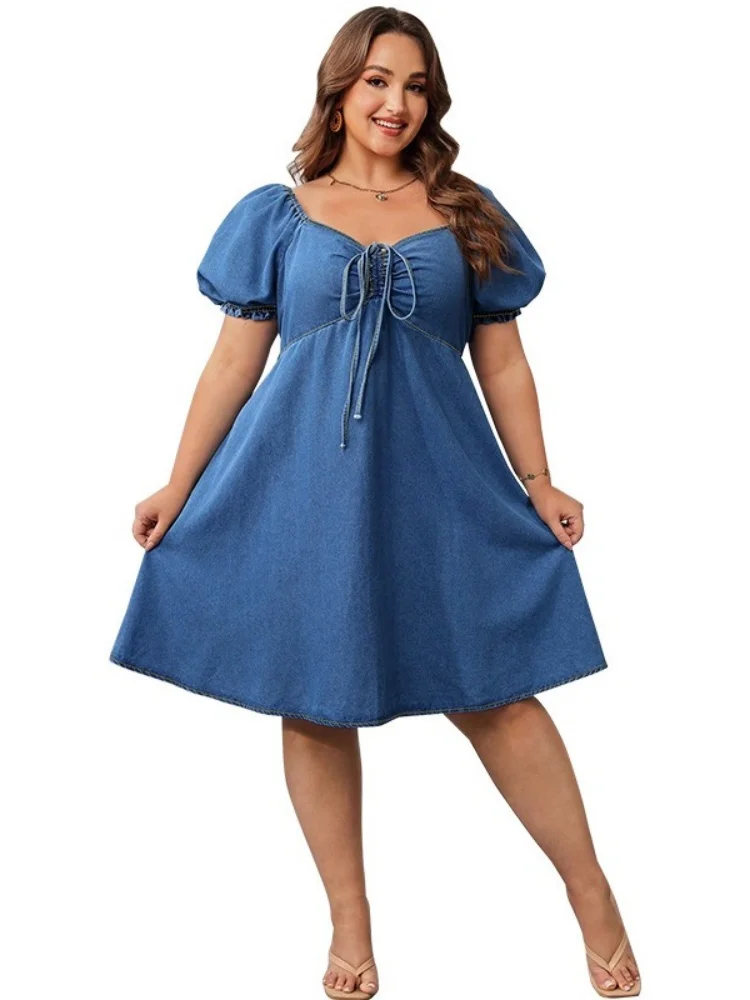 Wmstar Plus Size Denim Dresses Women Wholesale New European American Summer Short Sleeved Elastic Mid Length Dress Elegant Woman