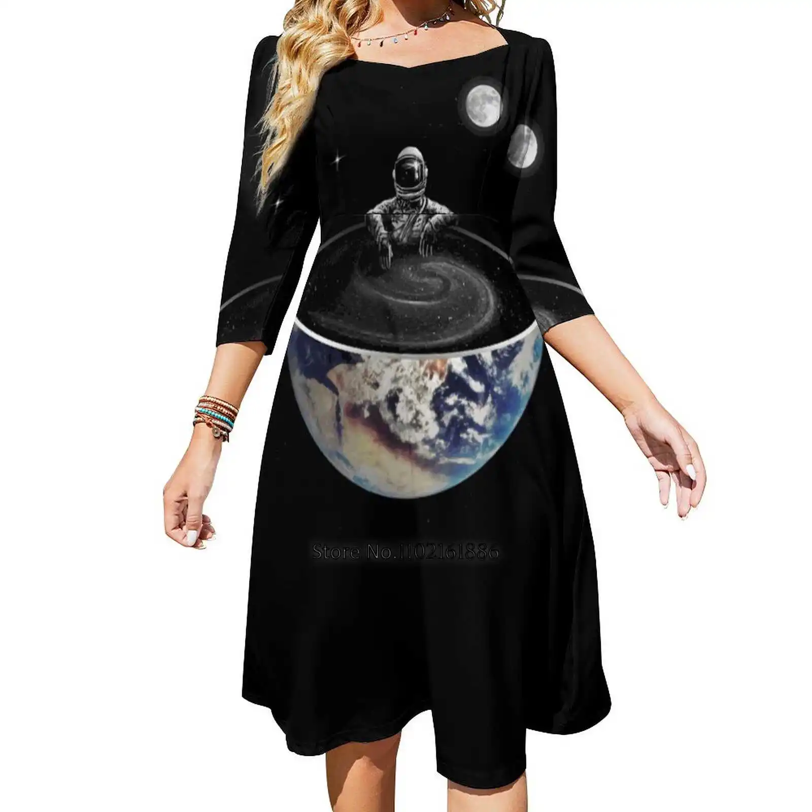 Easy Square Neck Dress Summer Dress Women Elegante Halter Print Dress Earth Planet Astronaut Bath Chill Moon Bowl Jacuzzi Space