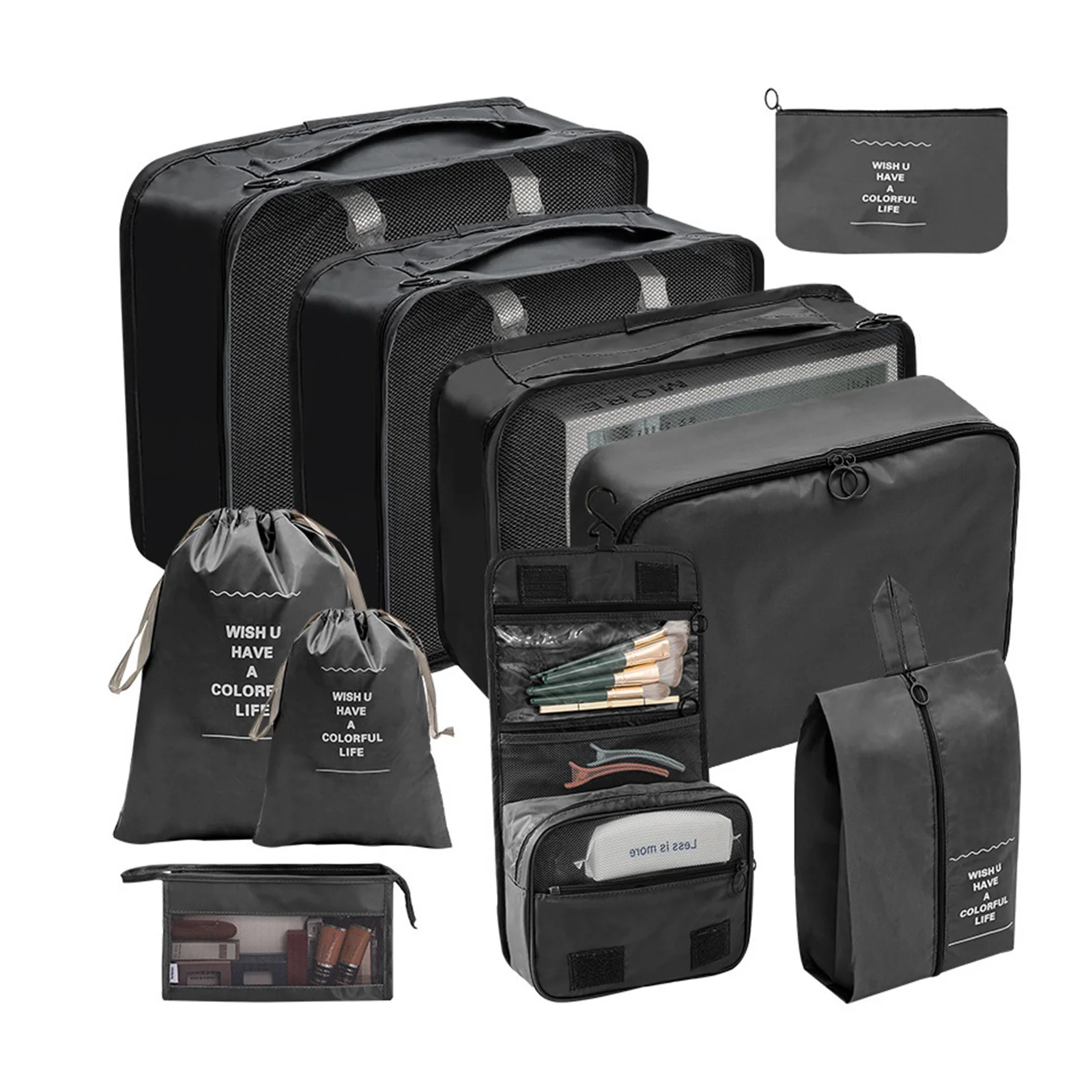 10-Piece Travel Packing Cube Set, Foldable Luggage Organizers with Mesh Window for Clothes and Shoes Storage