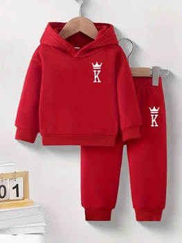 Spring Autumn Infant Toddler Boys' Hooded Fleece Sweatshirt with Letter Print And Casual Pants Two-Piece Set 1