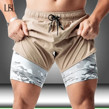Mens Running Shorts Outdoor Training Shorts Male Camo Jogging Gym Fitness 2 in 1 Shorts with Longer Liner Workout Short Pants