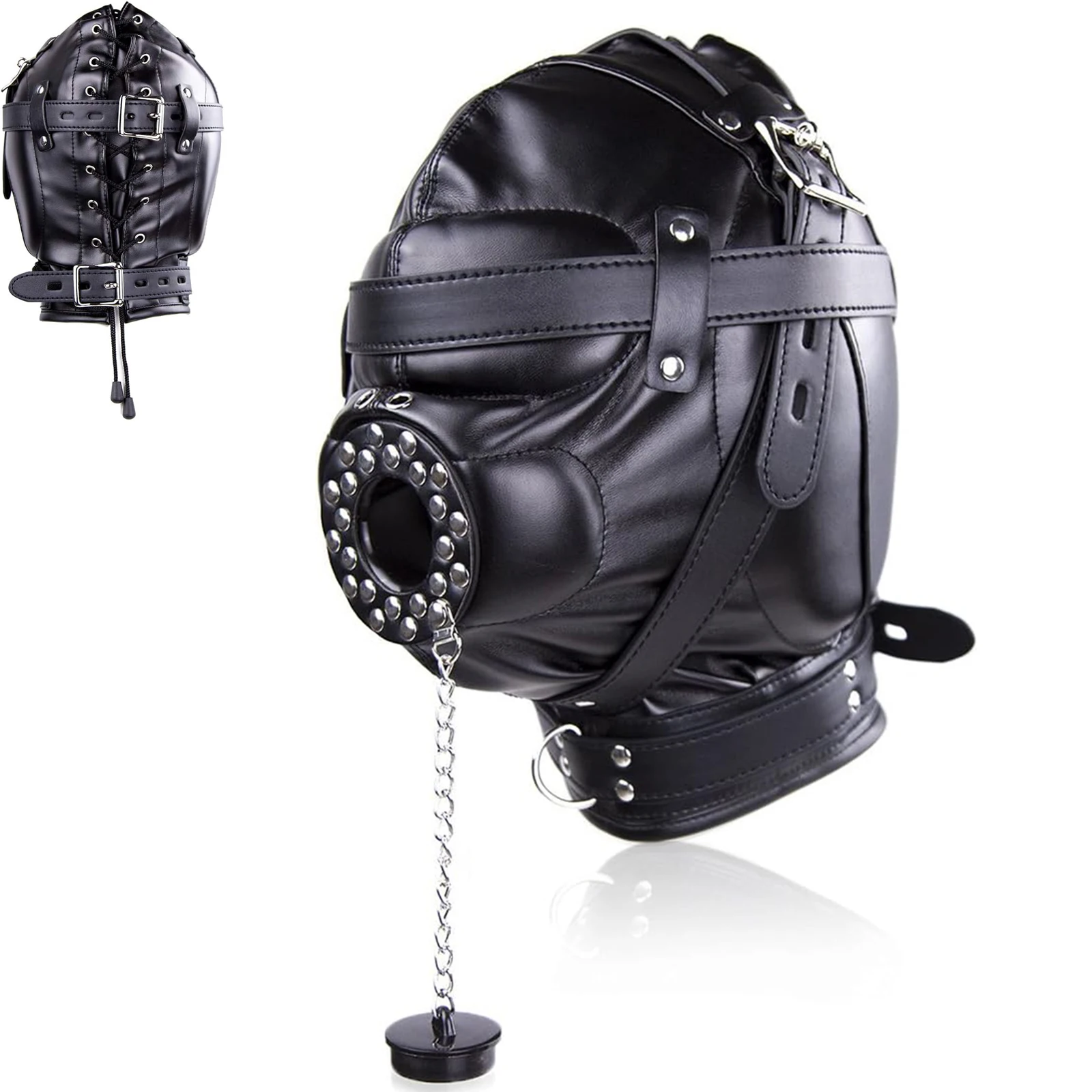 BDSM Bondage Headgear PU Leather Lockable Hood Mask with Openable Mouth Gag Funnel Sensory Deprivation Head Hood Sex Toy