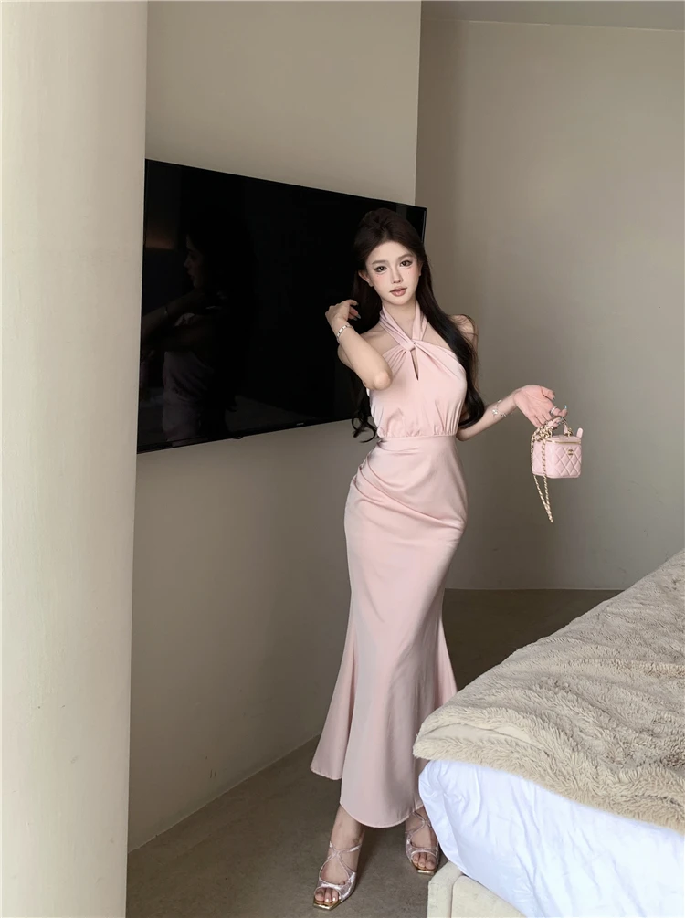 Sexy Bodycon Satin Evening Party Dress Sleeveless Halter Slim Mermaid Summer New Midi Dresses for Women Prom Vestidos Mujer