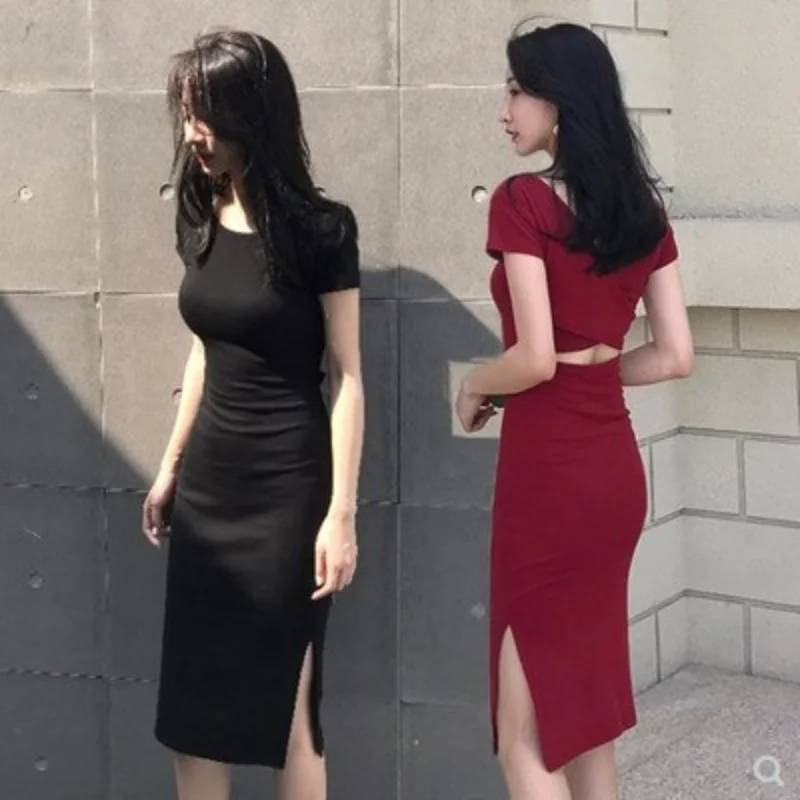

Summer Women Dress Wrapped Hip Dress Sexy Mid Length Split Short Sleeve Backless Bottom Dress