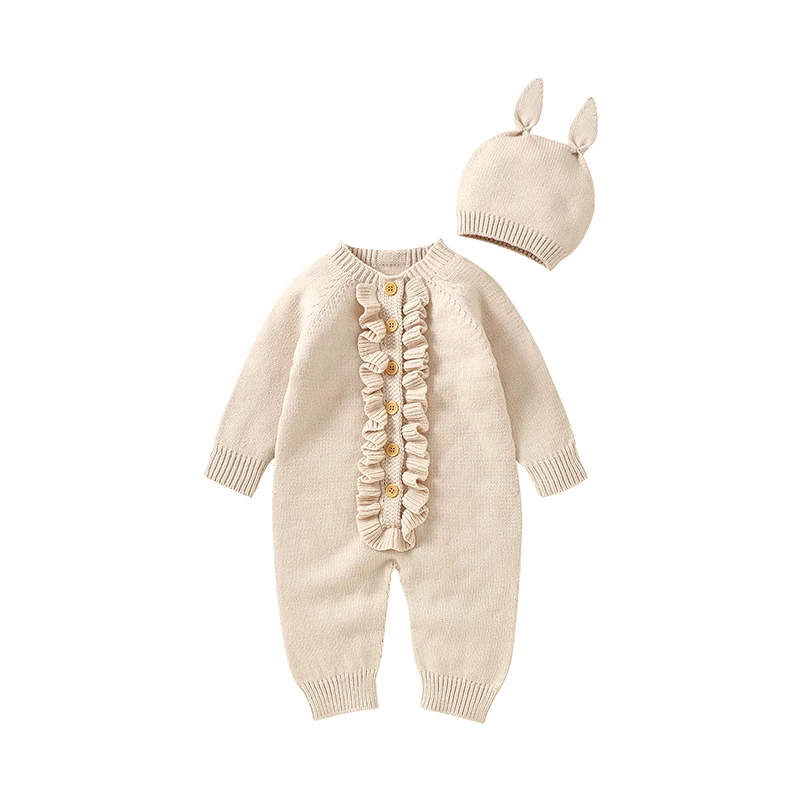 

Autumn Baby Rompers Hats Clothes Set Spring Solid Long Sleeve Knitted Newborn Infant Boys Girls Jumpsuits Outfits 0-18m Playsuit