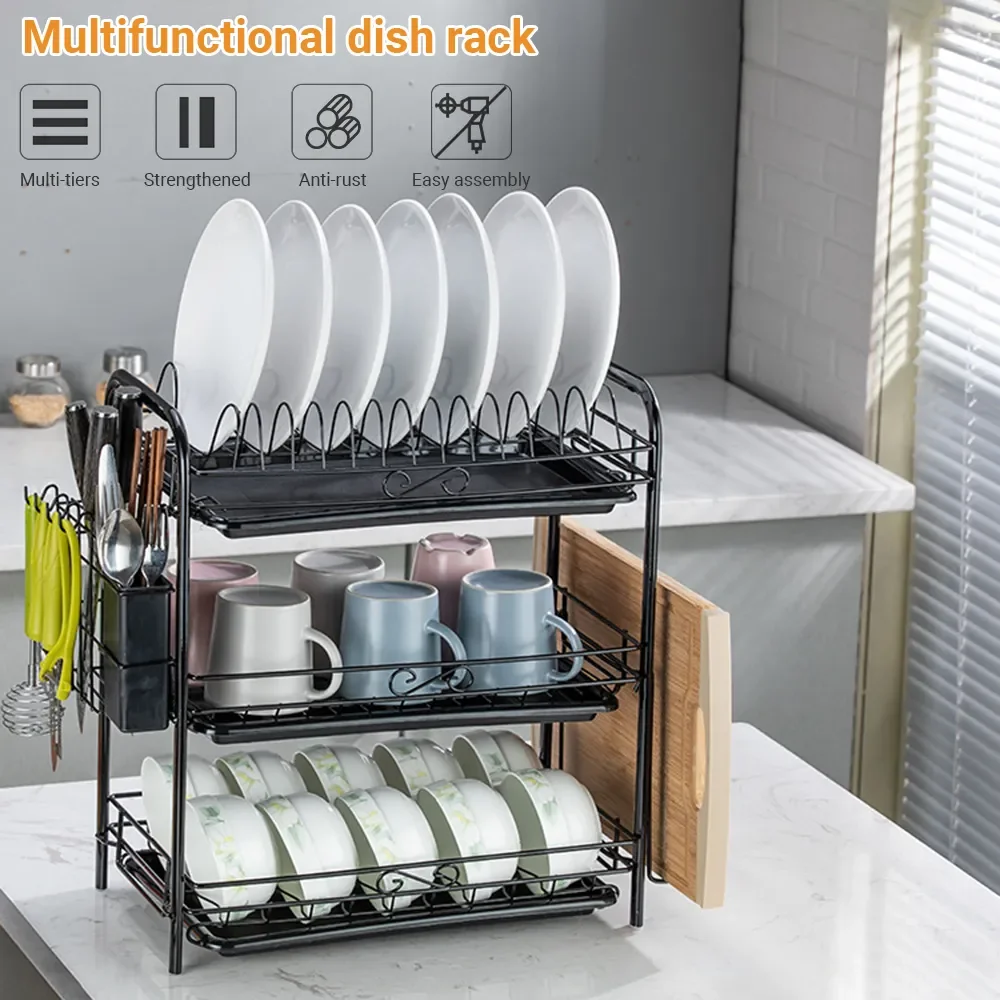 3-Tier Dish Drying Rack Kitchen Storage Shelf with Drain Board