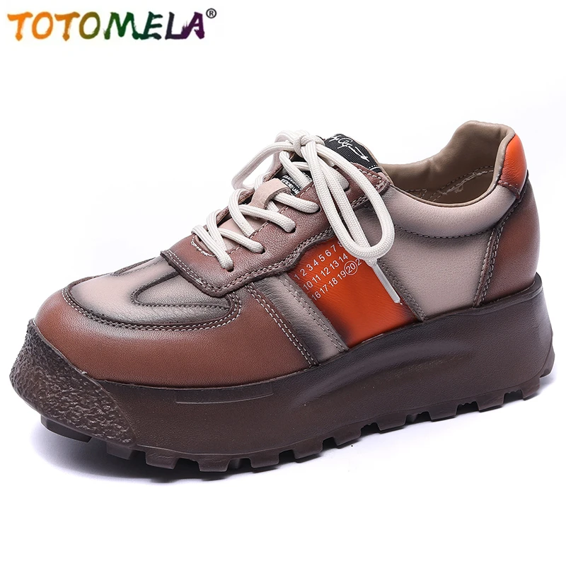 

TOTOMELA 2022 New Genuine Leather Sneakers Women Shoes Lace Up Platform Shoes Flats Chunky Sneakers Ladies Casual Shoes Size 40