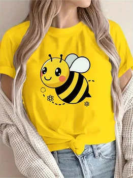 Women's Casual Short Sleeve T-Shirt Cute Cartoon Bee & Floral Print Breathable Round Neck Tee for Spring/Summer 1