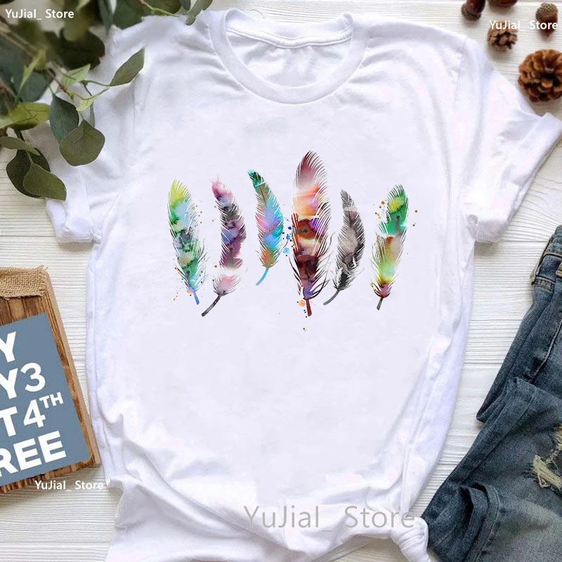 

Watercolor Bird And Feather Print 2023 T Shirt Women'S Clothing Summer Fashion Tops Tee Shirt Femme Aesthetic Art T-Shirt Female
