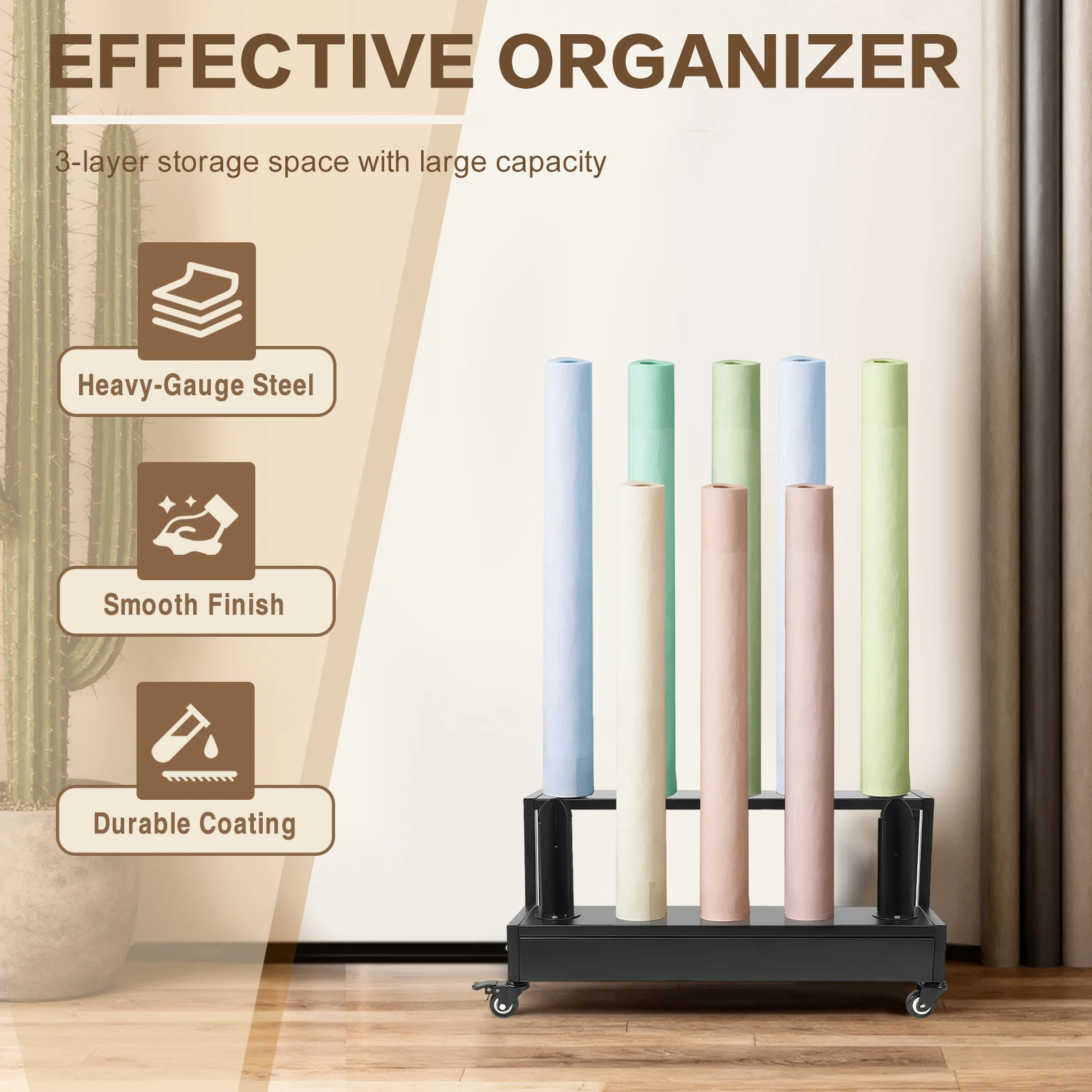 Sturdy Black Storage Trolley with Large Capacity Mobile Metal Carts for Kitchen Garage Workshop and Office Organization