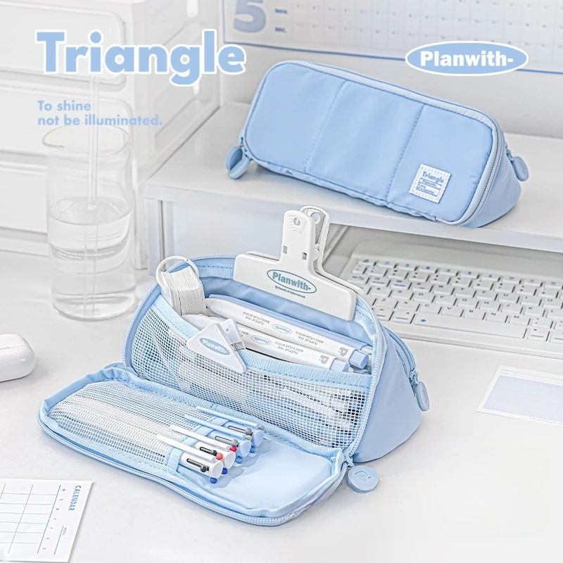 어린이를위한 단순 삼각형 연필 케이스 소녀 소년 캐주얼 한국 패션 솔리드 컬러 편지지 보관 가방 휴대용 펜 주최자