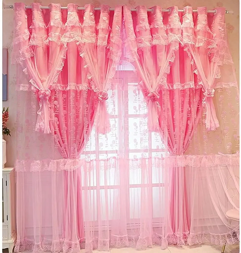 1 Panel 140cm Width Double Layer Curtain for Girls Bedroom Princess Style Jacquard Girls Curtains with Valances 6