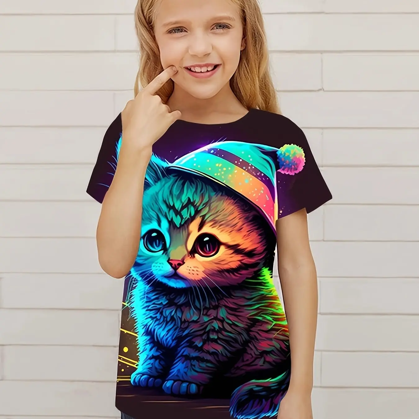 Children's Clothing Cute 3D Cat Graphic Print Short Sleeve Tops Kids Clothes T-Shirt Casual Pullover Child Boys Girls Summer 3