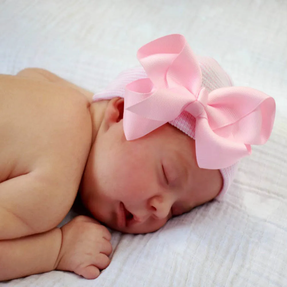 0-6Months Newborn Hospital Cute Knit White Bonnet with Ribbon Bow Baby Girls Boknot Beanie Hat Infant Grosgrain Bowknot Soft Hat 6