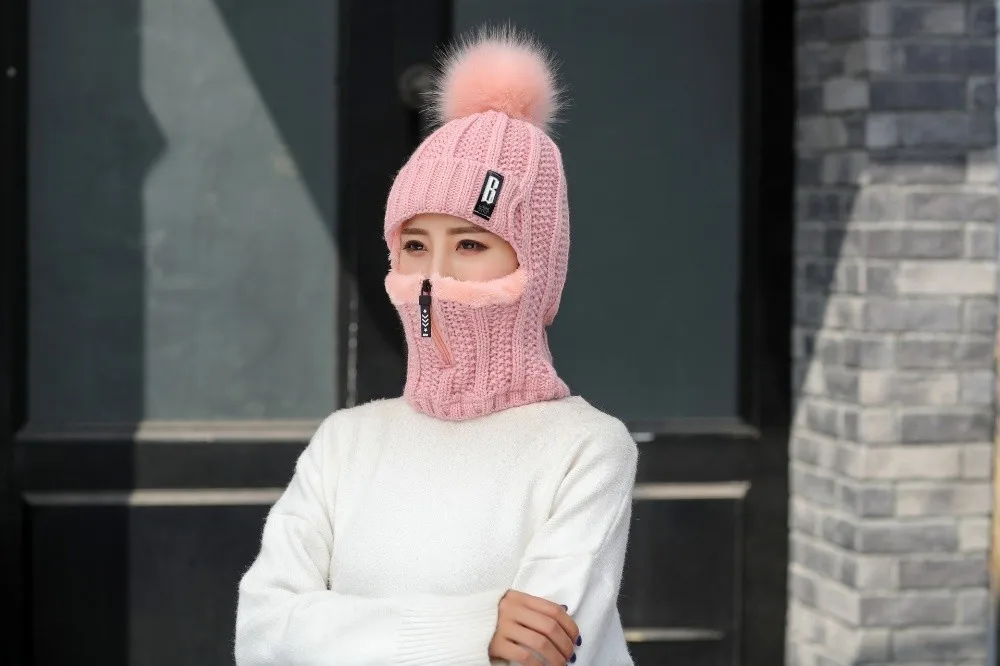 Lässige, winddichte Strickmütze aus Wolle, Nackenwärmer, verdickter Gehörschutz, warm halten, Bommelmütze für Damen – Detail 13