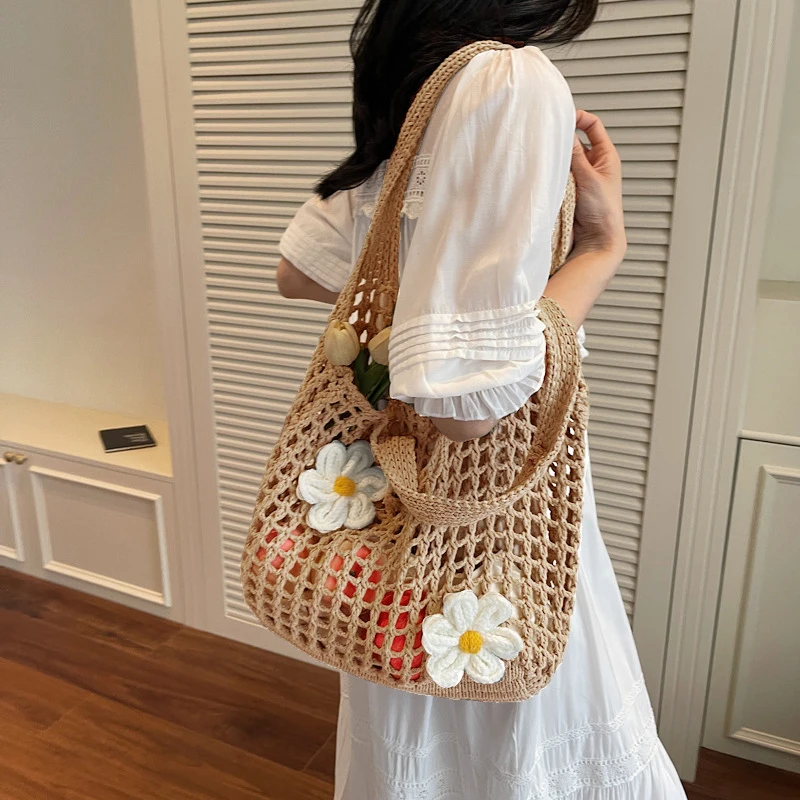 Women's Large Capacity Knitted Tote Handbag Fashion Summer Beach Bag Lightweight Casual Shoulder Chic Hobo Top Handle