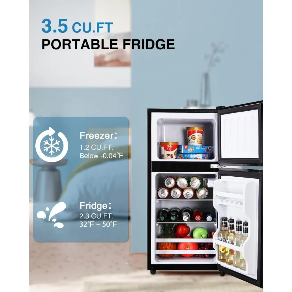 Compact Refrigerator Double Door Mini Fridge with Freezer, 3.5 CU FT Mini Refrigerator with 7 Level Adjustable Thermostat Office