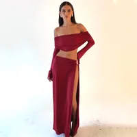 Women's Solid Beach Skirt Sets Sexy High Split Slim Bohemian Outfits Off The Shoulder Holiday Fashion 2 Piece Set 2025 Beachwear - Image 5