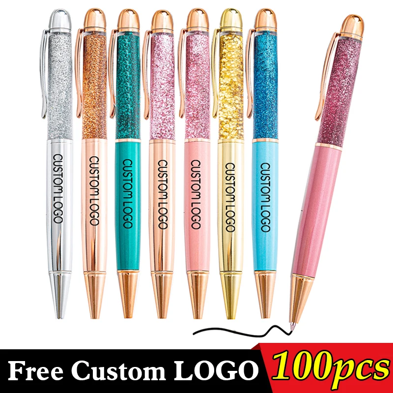 

100 Pcs Luxury Colorful Quicksand Creative Metal Crystal Ballpoint Pen Office Birthday Gifts Custom Logo Engraved Name Rose Gold