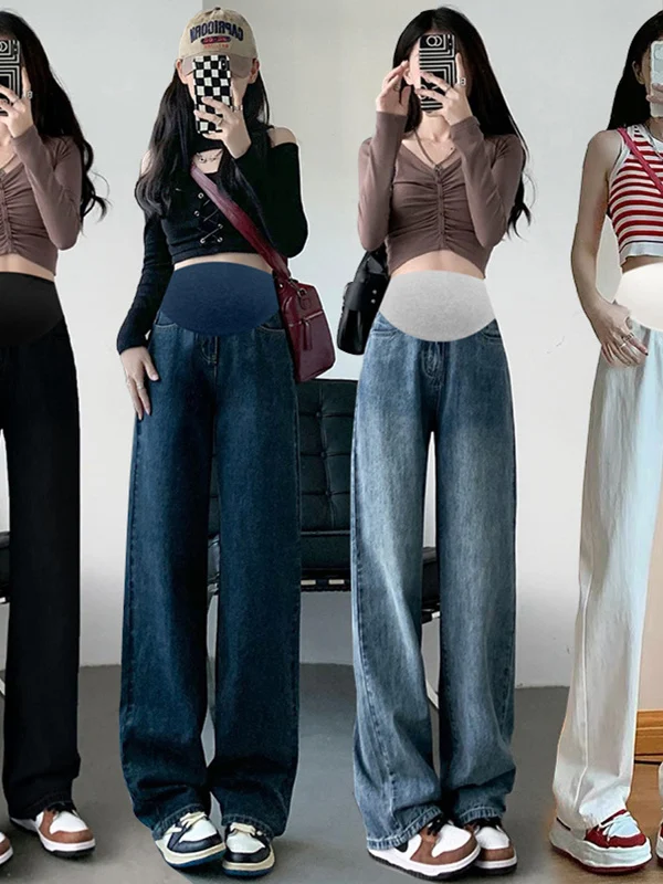 화이트 임부용 청바지 하이웨이스트 확장형 루즈핏 배 받침 슬리밍 롱 와이드 팬츠 봄 가을 여름