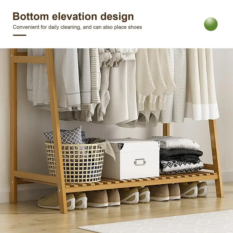 Wooden Garment Coat Clothes Hanging Heavy Duty Rack with top shelf and 2-tier Shoe Clothing Storage Organizer Shelves 5