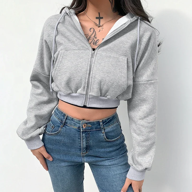 Korean Women Zipper Basic Short Jackets Grey 2022 Autumn Winter Long Sleeve Hoody Sweatshirts Casual Hooded Streetwear Y2k Coats