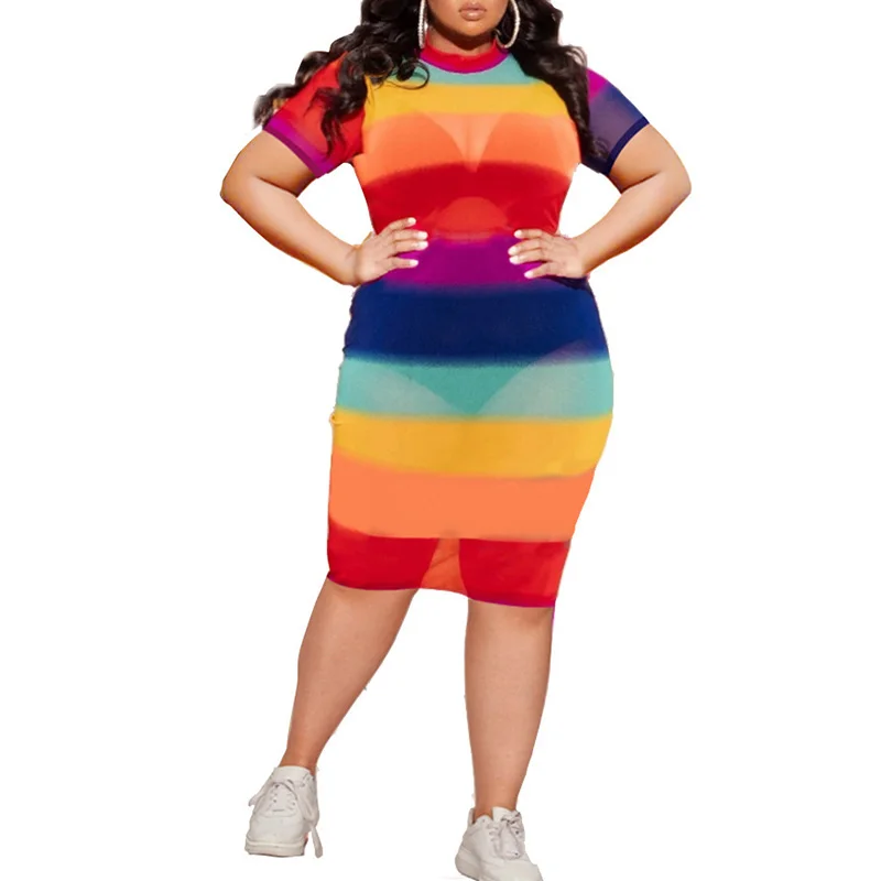 Spring Summer Clothes for Women Sexy Perspective Round Neck Rainbow Striped Printing Short Sleeve Club Plus Size Midi Dresses