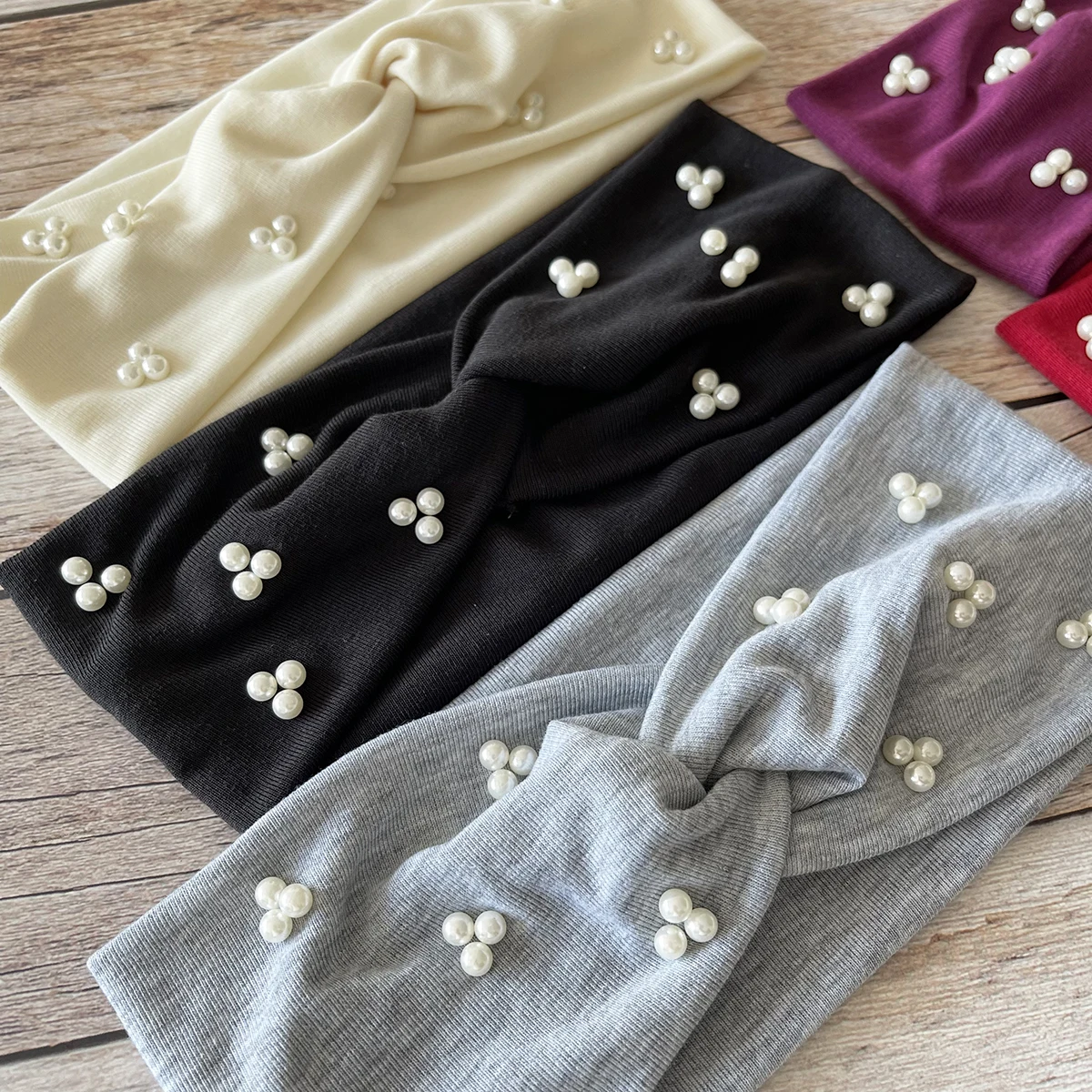 1pc New Pearl Elastic Headband Women Girls Solid Color Fashion Bandana Wide Turban Sweat Absorbing Headscarf Hair Accessories