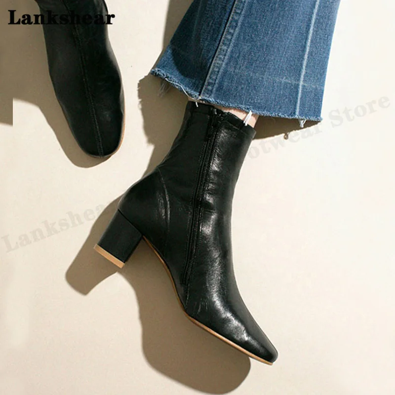 Thick Heel Mid-Tube Boots Leather White Short Boots Single Boots Women's Thin Boots Net Red Boots French Style Boots