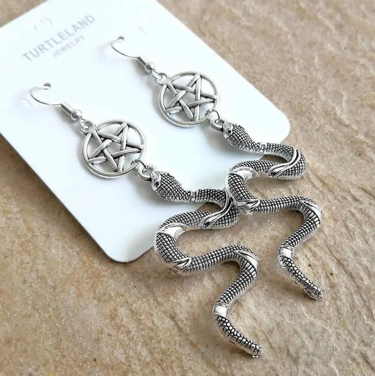 

Gothic Silver Snake and Pentagram Pendant Earrings