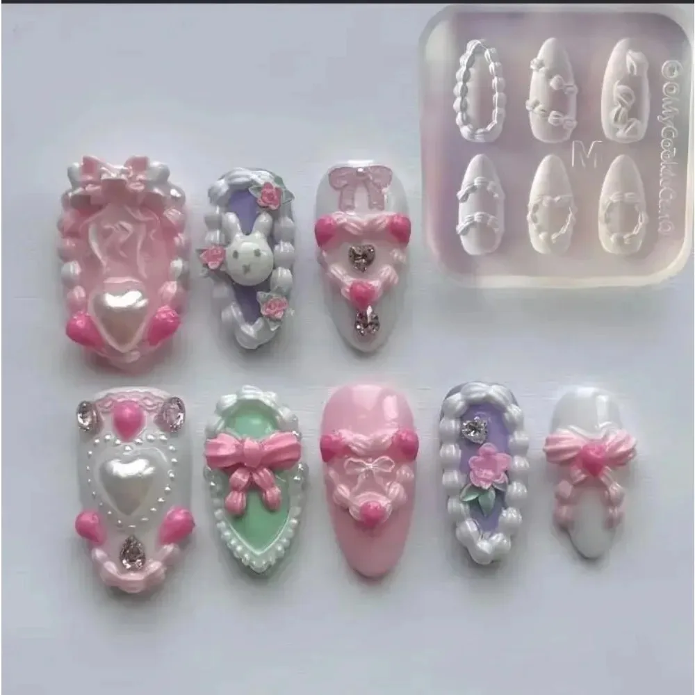 케이크 크림 레이스 하트 실리콘 네일 몰드 달콤한 Y2K 네일 아트 장식 템플릿 DIY 디자인 투명 매니큐어 스텐실