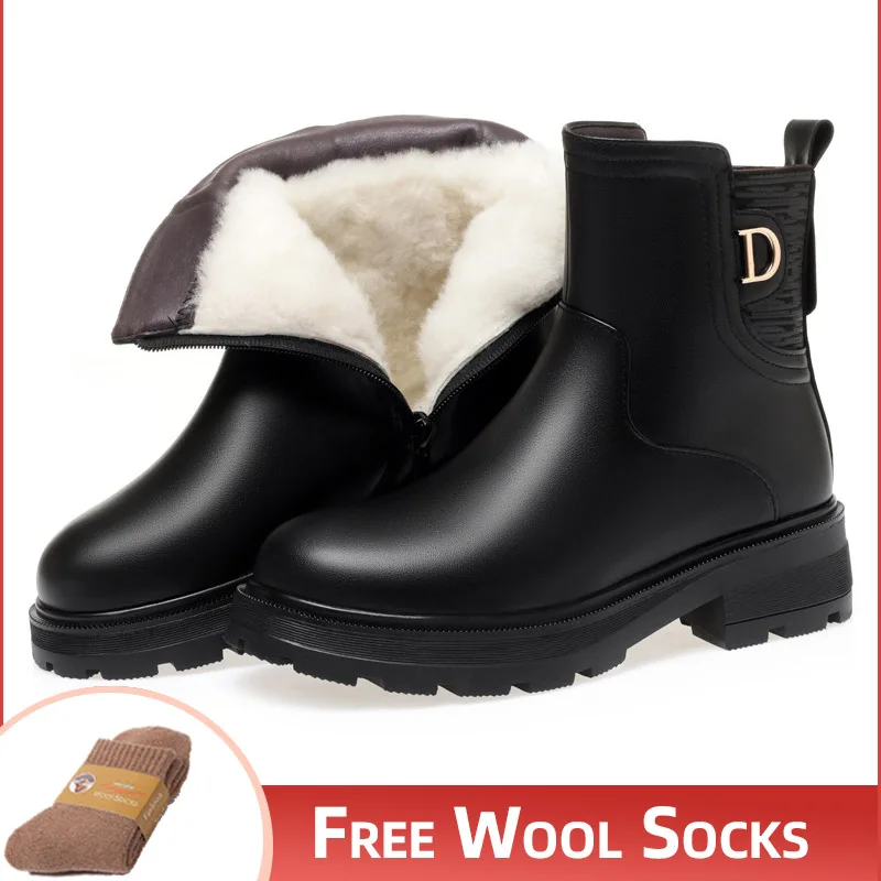 

Winter New Natural Wool Warm Women's Winter Boots Non-slip Women Large Size Boots Round Toe Mom Shoes Women Snow Boots