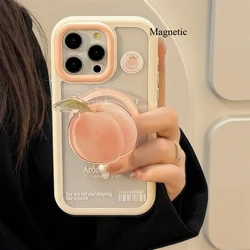 Korean Cartoon Green Apple Peach Magnetic Phone Case - Clear Shockproof Cover - iPhone 15 Plus (A Magnetic Holder)
