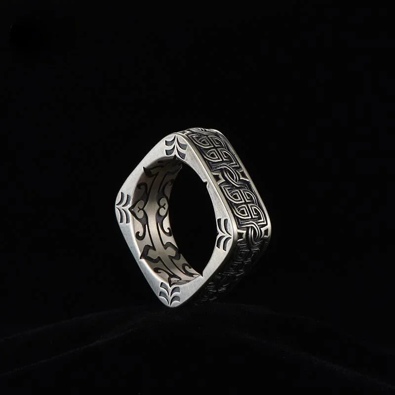HX Silver Color Men's Ring Retro Square Round Pangu Trend Personality Domineering Handmade Ring Jewelry Accessories silver ring silver rings