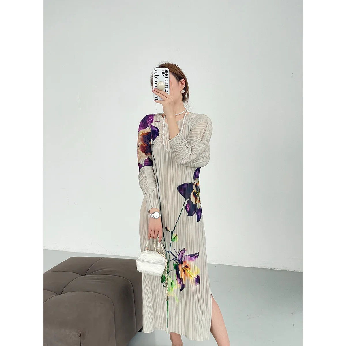 

Платье женское Плиссированное с круглым вырезом и принтом