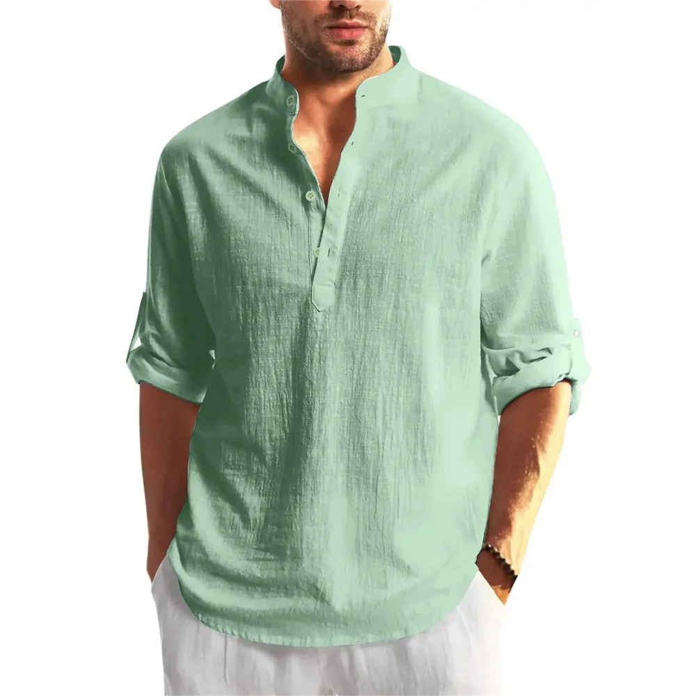 خريف جديد الرجال القطن الكتان كم طويل تي شيرت بلون...