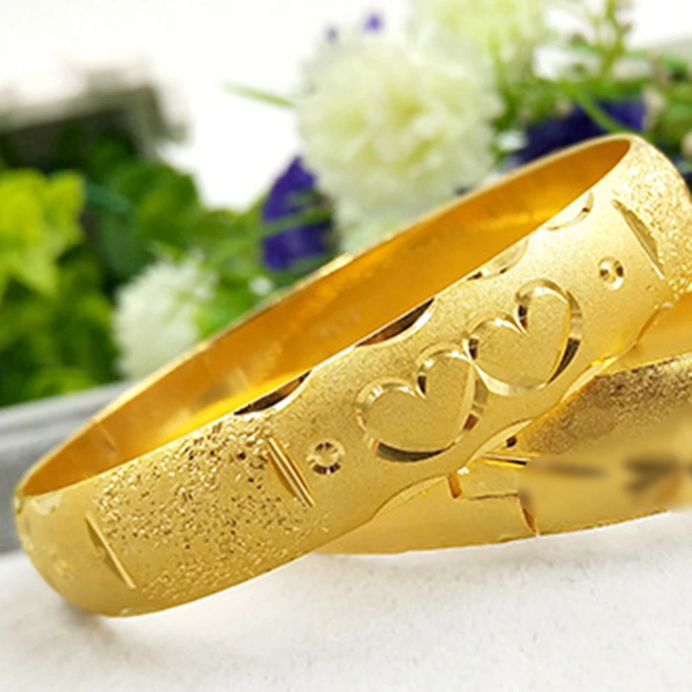 

Heart Carved Women Bangle Solid Bracelet 18k Yellow Gold Filled Wedding Bride Trendy Dubai Jewelry Girlfriend Gift 60mm,12mm