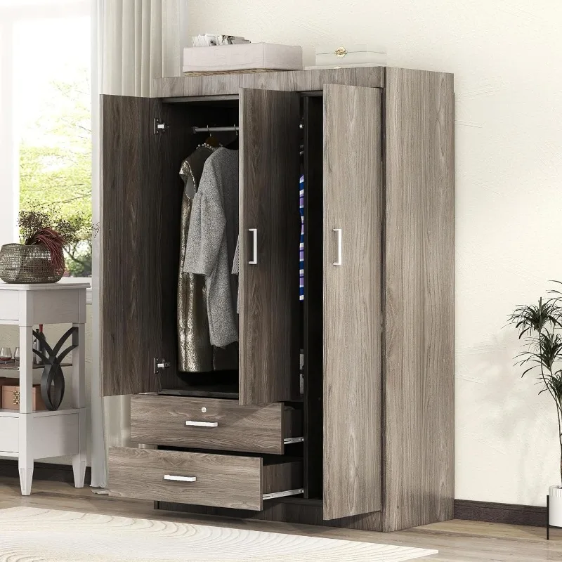 

3 Door Wardrobe Cabinet Closet with Storage Drawers, Shelves and Hanging Rail for Clothes, Bedroom Organizer Funiture