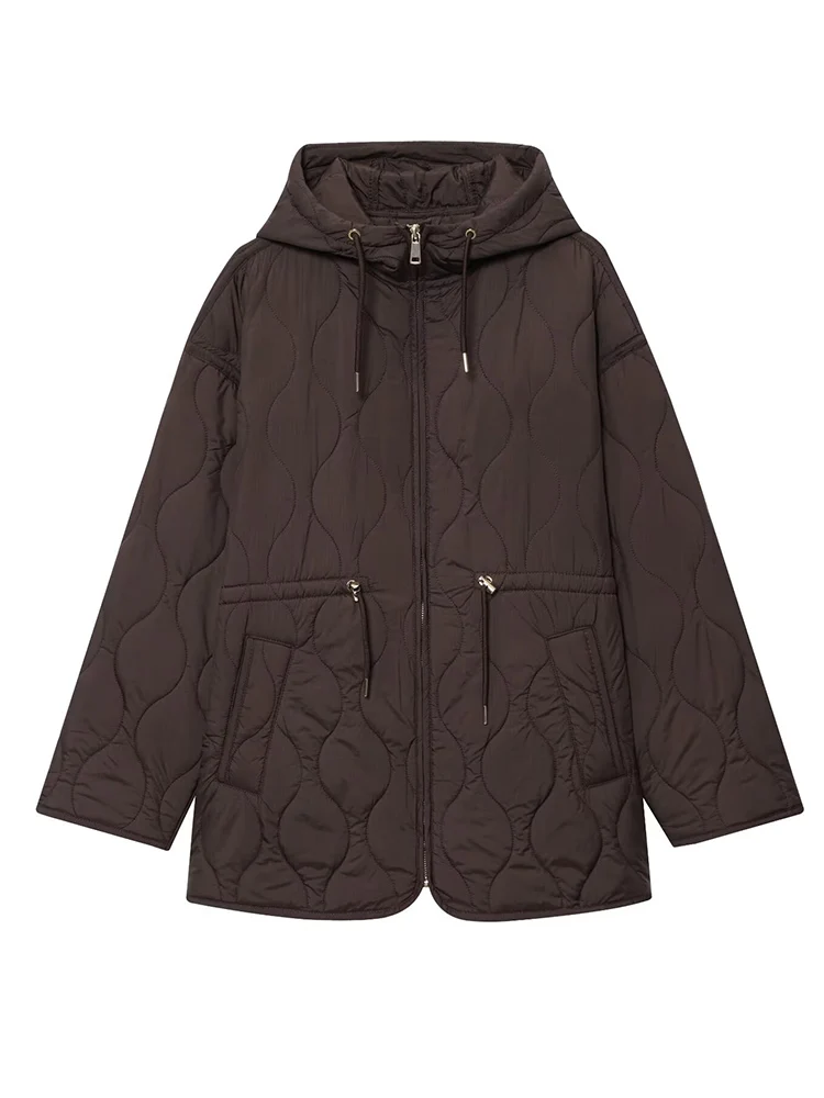 Winter Women Hooded Drawstring Cotton Jackets  Fashion Casual Zipper Pocket Quilted Coat Female Warm Long Outerwear 2025 New