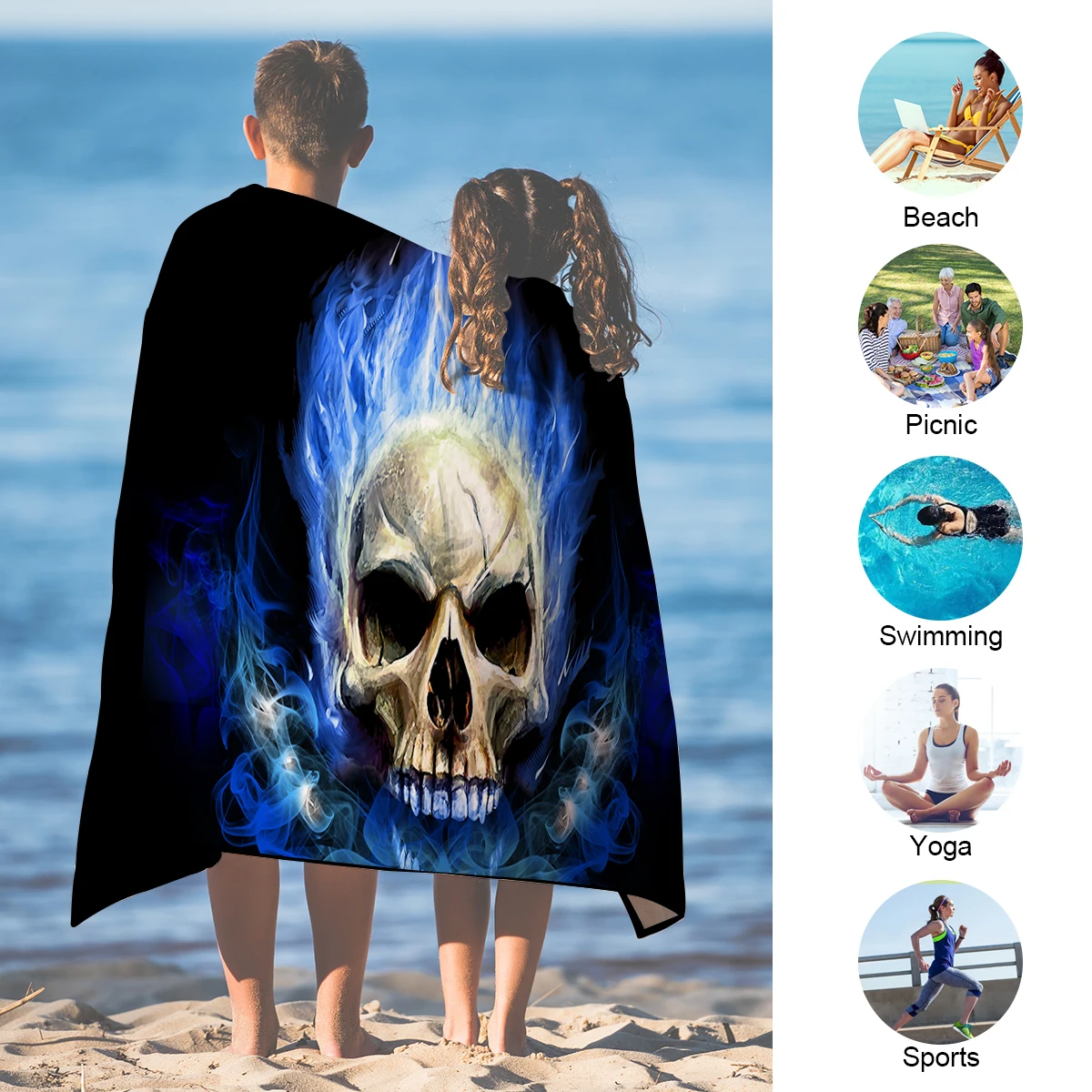 BeddingOutlet Flame Skull Bath Towel Bathroom 3D Gothic Microfiber Beach Towel for Adult Fire Shower 75x150cm