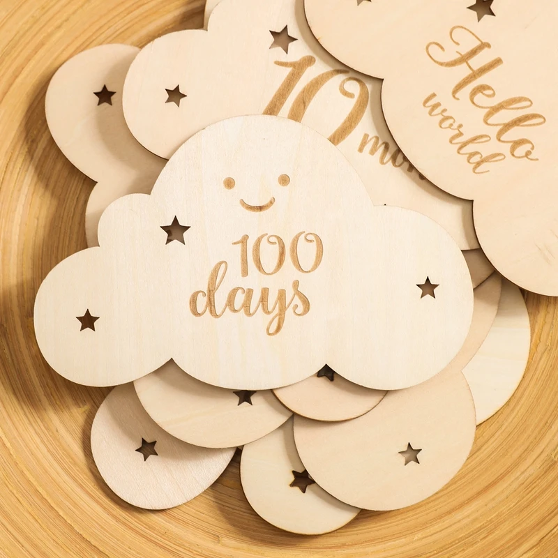 hand & footprint makers booklet 8Pcs/Set Wooden Cloud Shape Monthly Cards Double Sided Wooden Baby Engraved Age For Babe Photo Birthday Shooting Props best newborn photography