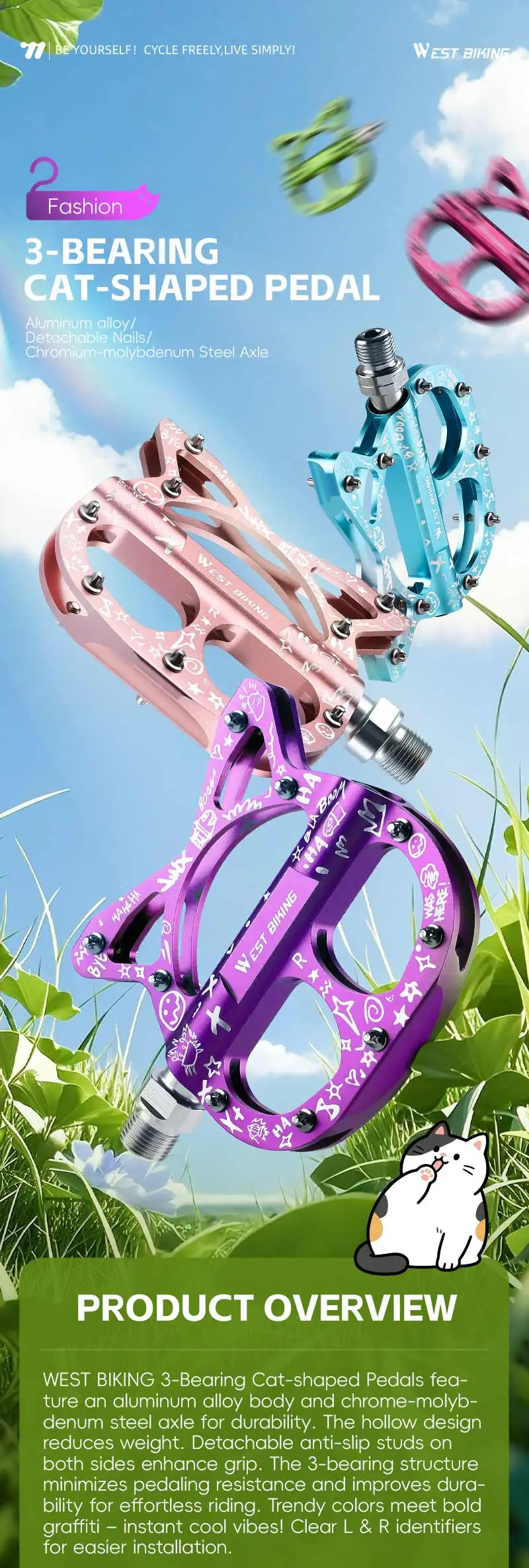 Description Picture 2 of itemWEST BIKING Bicycle Pedals 3 Bearing Cat Shaped MTB Road Bike Pedals Flat Platform Seal Bearings Cycling Pedals Bike Accessories