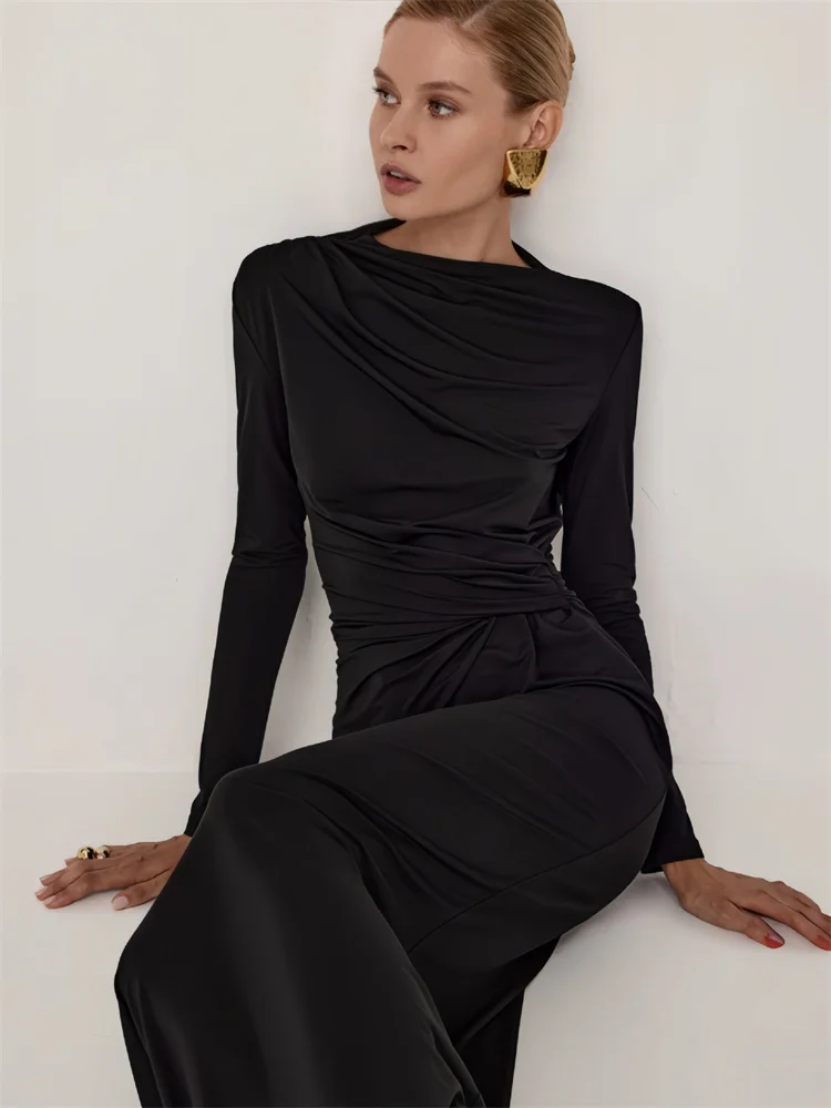 Fashion Autumn Pleated Long Dress Female High Waist Slim Bandage Solid Elegant Commute Clothes Ladies Y2k Maxi Dress