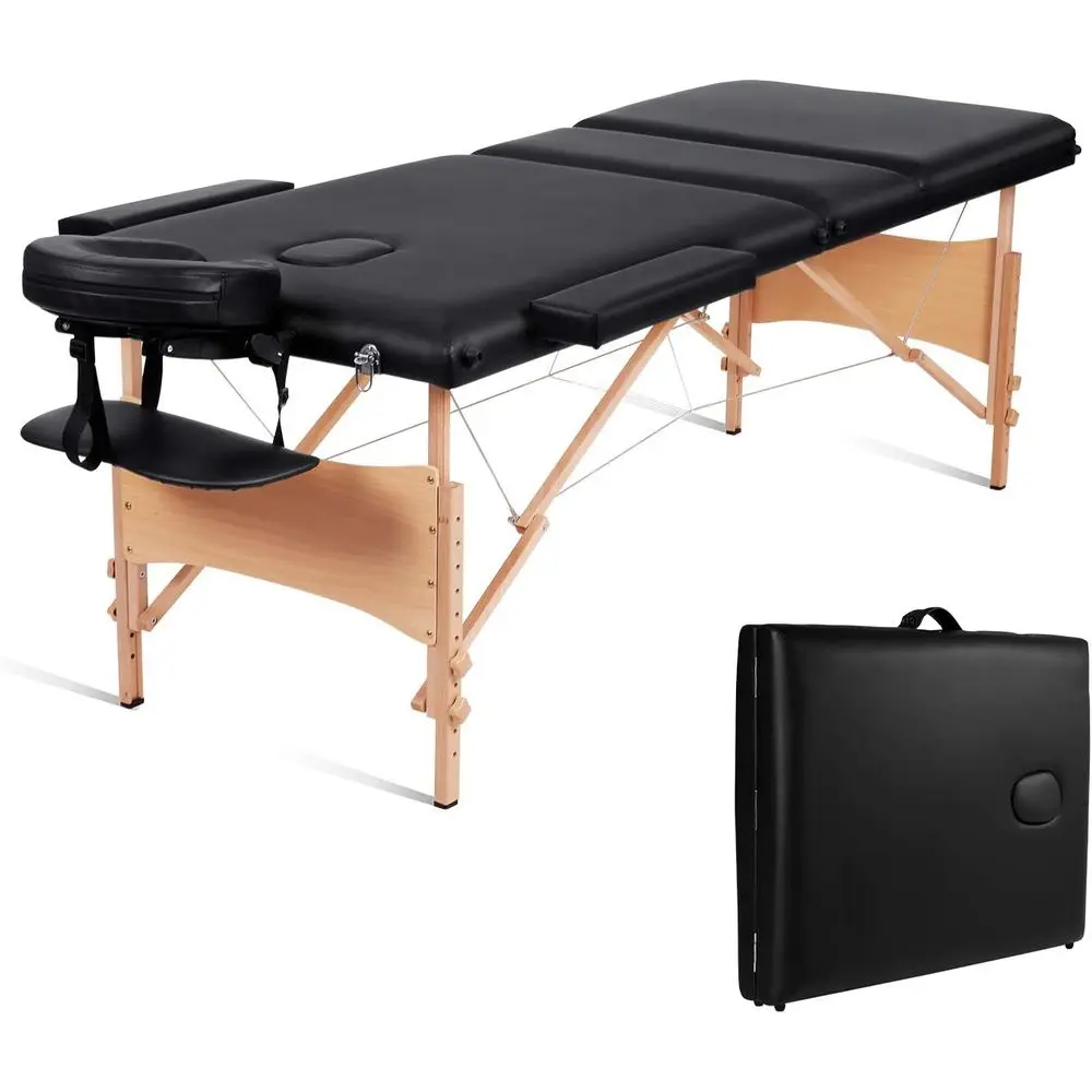 Portable 84 Height-Adjustable Black Massage Table with Carrying Bag for SPA Treatments