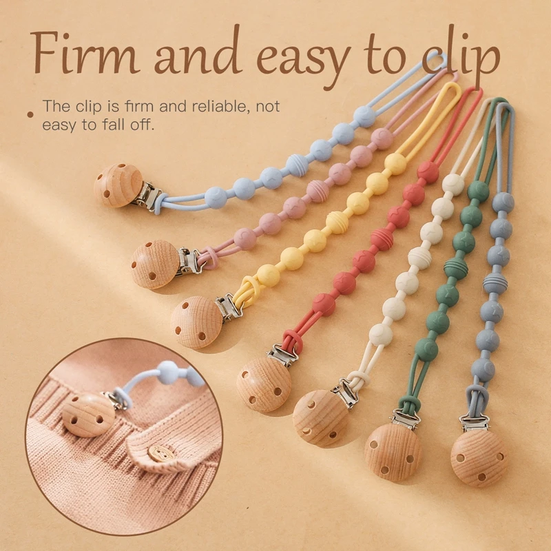 Beech Wood Chew Bead Pacifier Clips Dummy Chain Holder Newborn Soother Chains Nipple Holder For Babies Teething Toy Baby Chew 4
